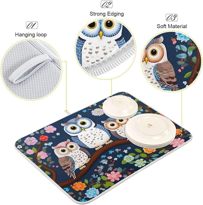 Dish Drying Mat Kitchen Counter Absorbent Three Owls Coffee Sink Mat Dish - Image 4