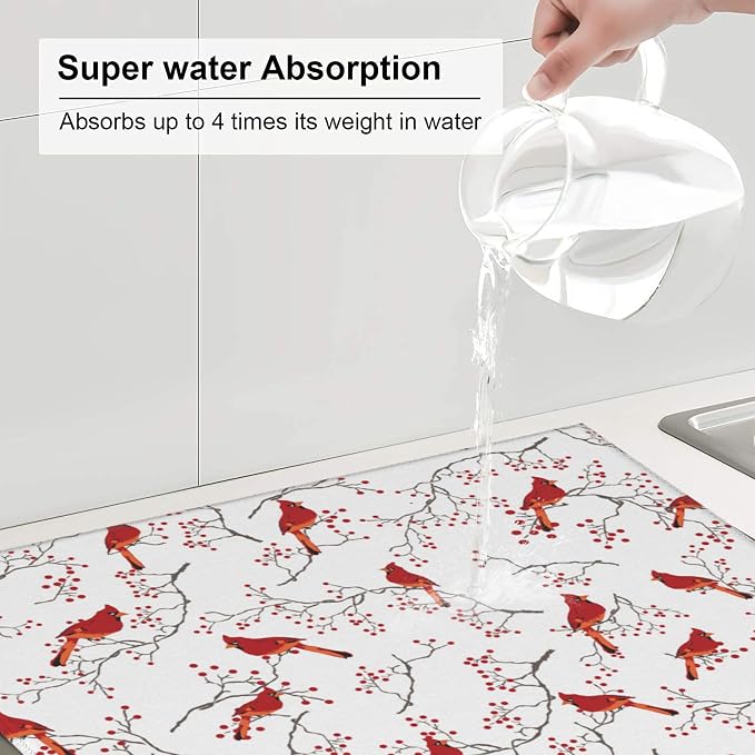 Cardinal Bird Red Berry Decor Kitchen Drying Mat Cute Microfiber Dish Drainer - Image 4
