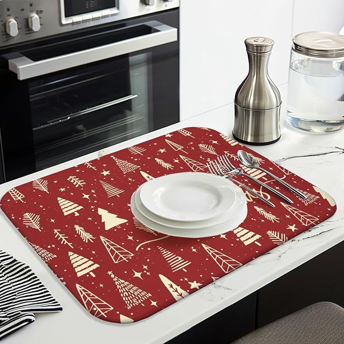 Christmas Kitchen Countertop Dish Drying Mat, Washable Absorbent Countertop - Image 3