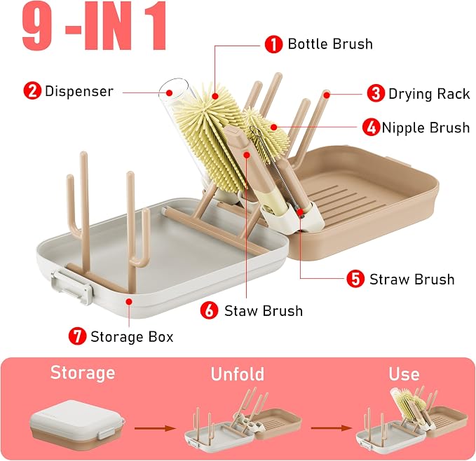 Baby Bottle Brush Set with Drying Rack, Portable Silicone Bottle Cleaner Kit - Image 7