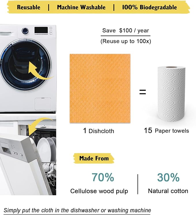 Swedish Dishcloths for Kitchen | 6 Pack Absorbent Cellulose Sponge Cloths - Image 5