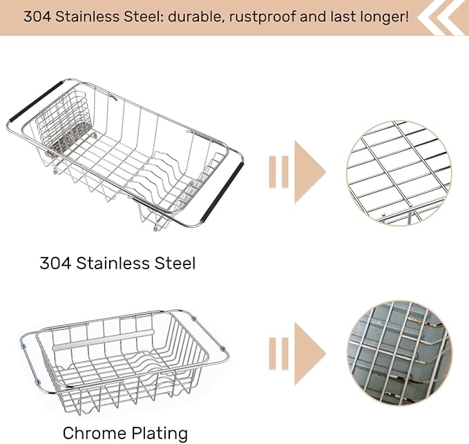 Sink Dish Drainer Rack, Expandable 304 Stainless Steel Dish Drying Rack - Image 4