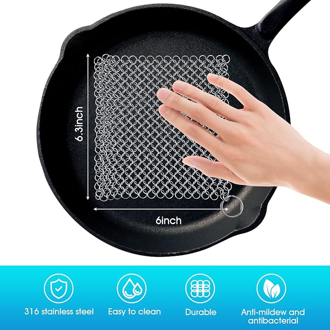 Cast Iron Cleaner 6"x6.3" 316L Stainless Steel Chainmail Scrubber - Image 2