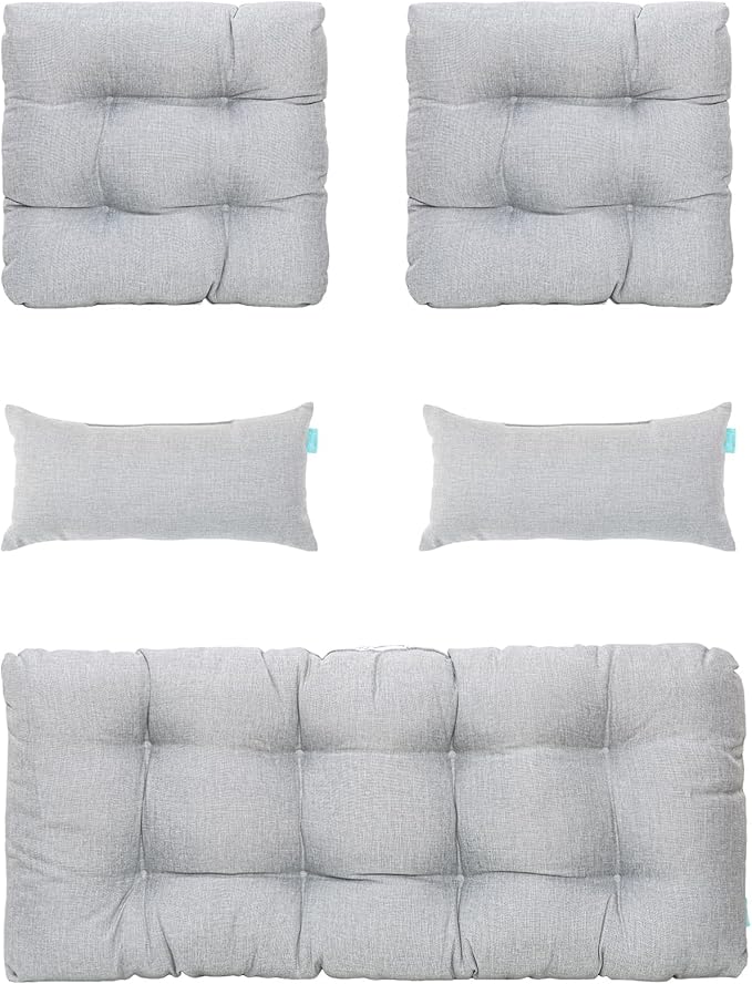 QILLOWAY Outdoor Patio Wicker Seat Cushions Group Loveseat/Two U-Shape/Two Lumbar Pillows for Patio Furniture,Wicker Loveseat,Bench,Porch,Settee of 5 (Silver/White)…