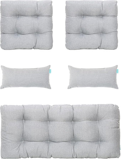 QILLOWAY Outdoor Patio Wicker Seat Cushions Group Loveseat/Two U-Shape/Two Lumbar Pillows for Patio Furniture,Wicker Loveseat,Bench,Porch,Settee of 5 (Silver/White)…