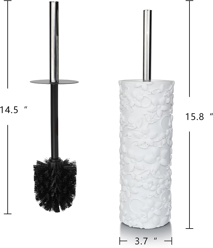 White Floral Design Resin Toilet Bowl Holder and Brush Set, Stylish Bathroom - Image 7