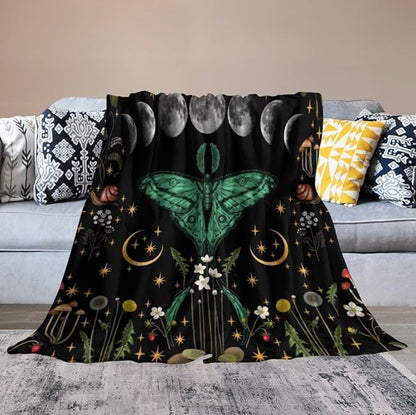 Moon Phase Moth Blanket, Vintage Botanical Mushroom Wildflower Gothic Night Moonlit Mysterious Witchy Throws Blanket for Sofa Bed Couch Chair, 40"x50"