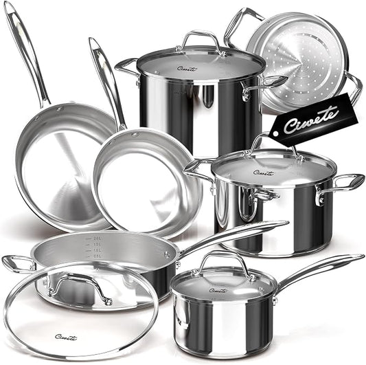 Ciwete 11-Piece Tri-Ply Stainless Steel Pots and Pans Set, 18/10 Stainless by Ciwete