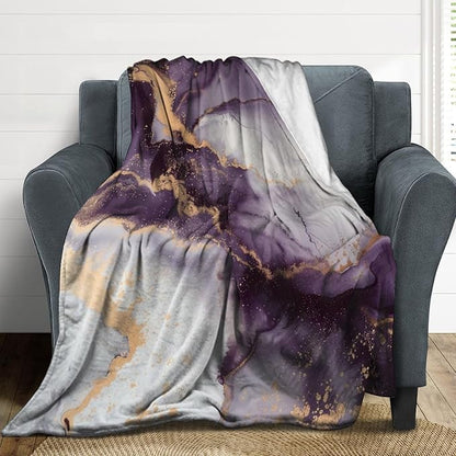 Modern Marble Blanket, Abstract Luxury Baroque Golden Purple White Stone Veins Pattern Soft Warm Cozy Plush Flannel Covers for Livingroom Bedroom Couch Chair Camping Travel Home Decor Tapestry 30x40in