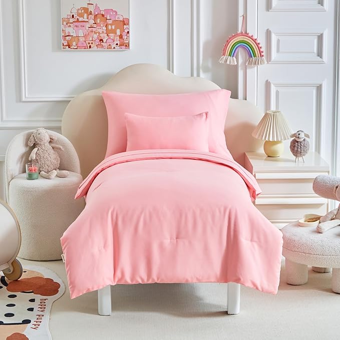 Toddler Bedding Set - 5 Piece Soft and Breathable Toddler Bed Set for Boys and Girls, Includes Quilted Comforter, Fitted Sheet, Flat Top Sheet, Standard Pillowcase and Toddler Pillowcase, Pink
