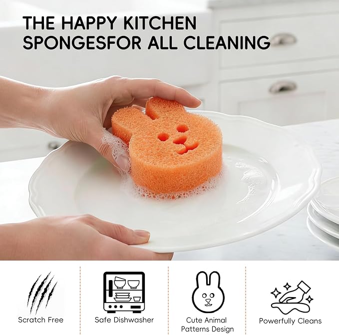 3pcs Functional Scrub Sponges Set, Dad Mom Daily Scrub Sponge Cute Animal Smile - Image 4