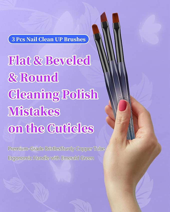 3PCS Nail Polish Clean Up Brush, Round&Falt&Angled Acetone Resistant Nail Brush - Image 2