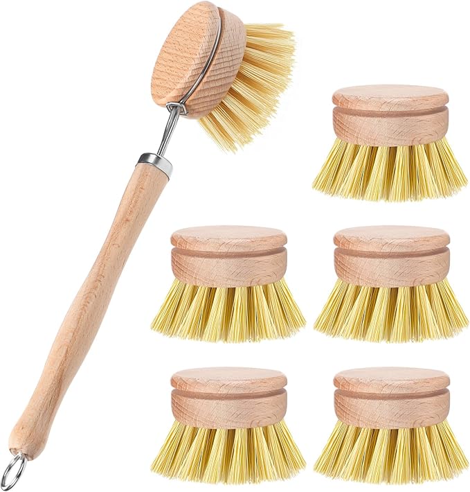 Boao Dish Brush with Beechwood Handle with 5 Replacement Heads Natural Wood by Boao