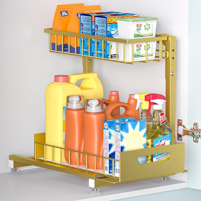 L-Shaped Under Sink Organizer, 2-Tier Pull Out Metal Kitchen Cabinet Organizer by Saydear