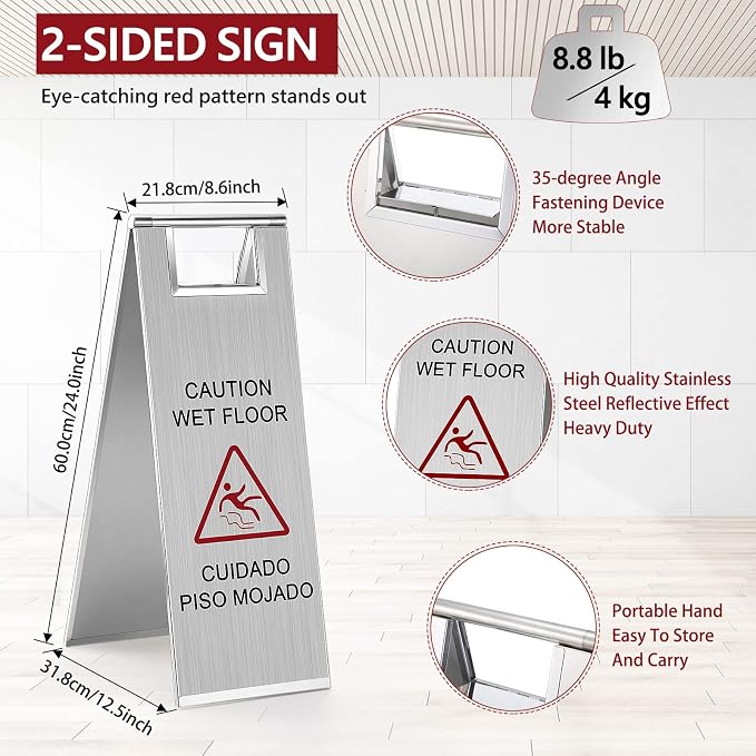 LEIFIDE Stainless Steel Wet Floor Caution Sign Bulk 8.8 Pound Portable Foldable - Image 2