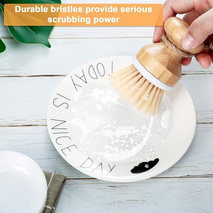 Boao 3 Pieces Bamboo Dish Scrub Brush and 1 Holder Natural Wooden Kitchen - Image 4