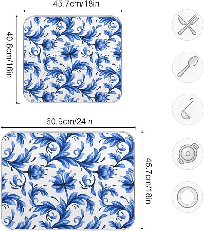 Tarity Blue Flowers White Dish Drying Mat - Image 3