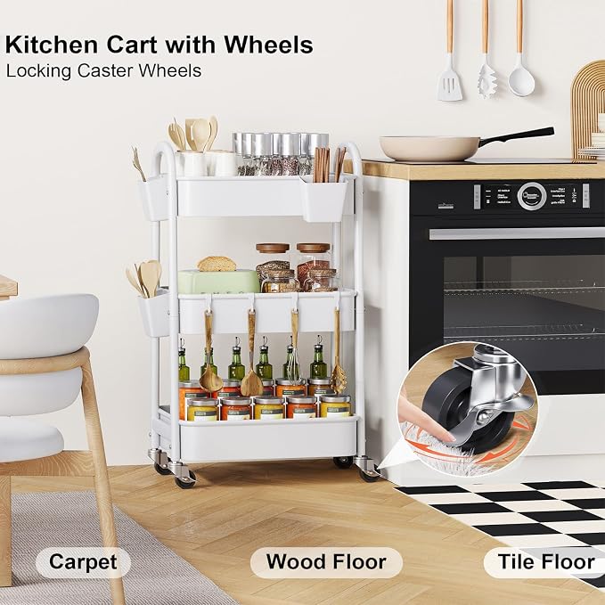 3 Tier Rolling Cart Metal with Wheels, Heavy Duty White Three Tiered Craft Cart - Image 6