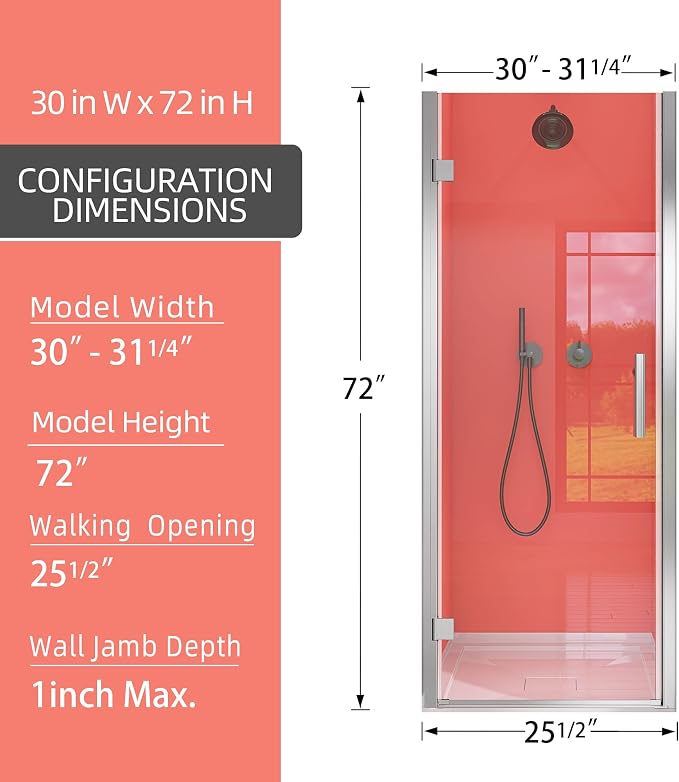 GETPRO Frameless Shower Door Pivot 30 in. W x 72 in. H Swing Single Small - Image 9