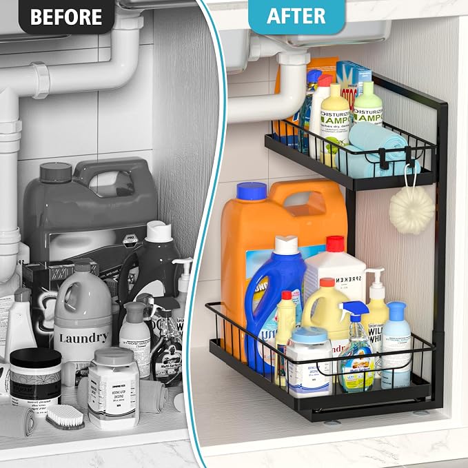 WOWBOX 2 Pack Under Sink Organizer 2 Tier Slide Out Cabinet Organizer Under - Image 3