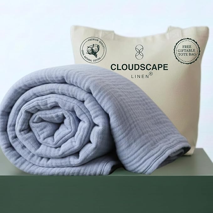 Cloud Scape Linen Oversized 4 Layer Muslin Blanket Twin Size - 100% Cotton, Lightweight & Breathable All Season Gauze, Pre-Washed, for Bed, Couch, fits Twin XL Bed,68x92, Lavender Blue