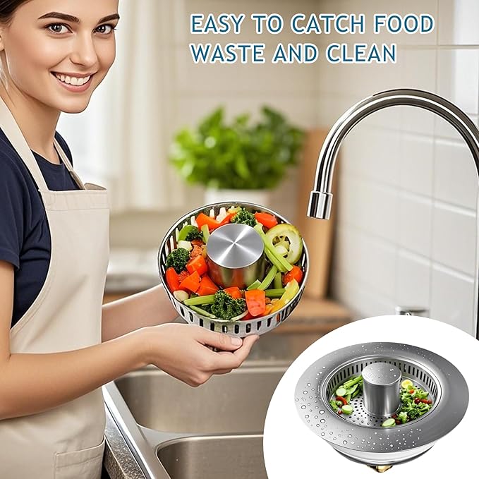 3-in-1 Kitchen Sink Drain Strainer & Stopper, Stainless Steel Food Catcher Plug - Image 5