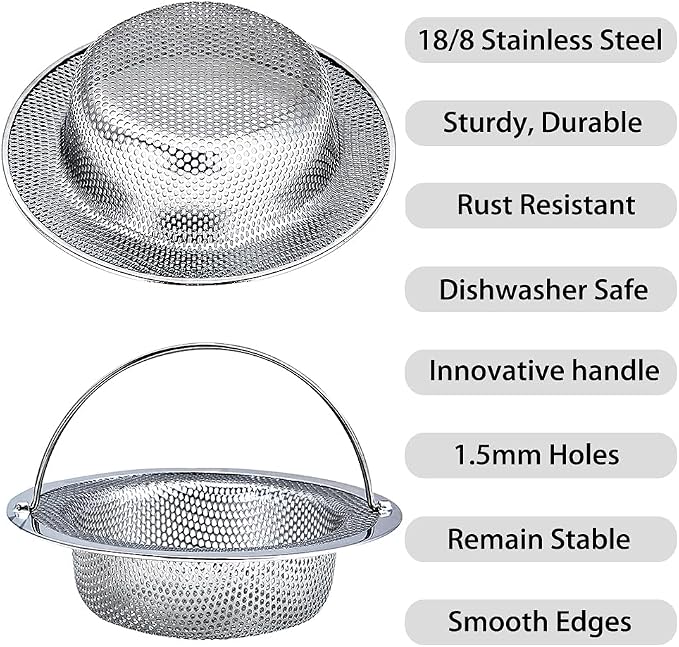 Kitchen Sink Strainer, 4.5" Diameter, Stainless Steel, Rust Free and Dishwasher - Image 3