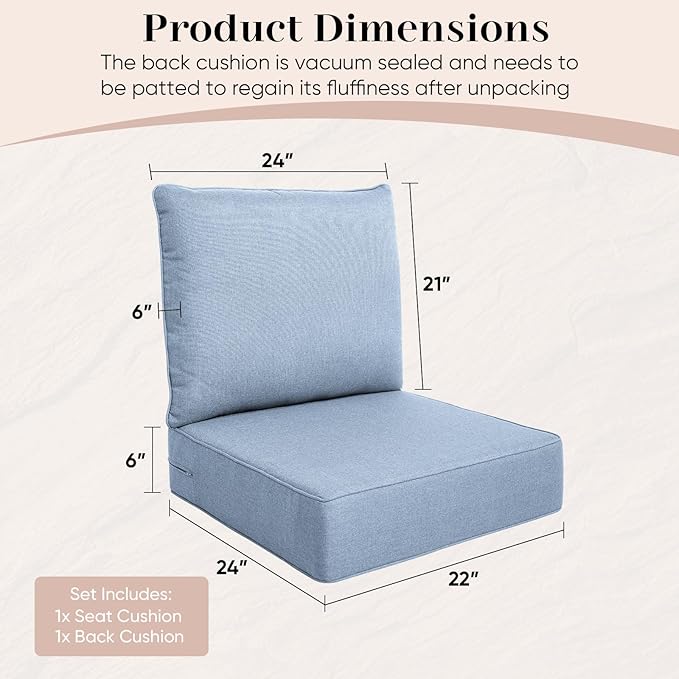 Luxury Outdoor Seat Cushion Set-22 x 24 x 6 Inch Outdoor Chair Cushions with Water Resistant & Removable Cover Outdoor Cushions for Patio Furniture Chair Sofa Couch