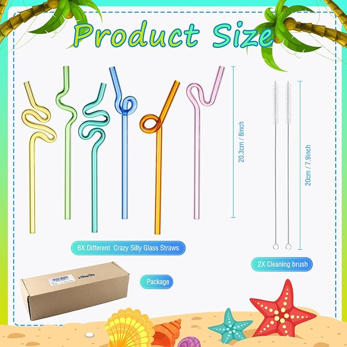 Yinkin 6 Pcs Wavy Glass Straws Reusable Curved Straw Shatter Resistant - Image 2