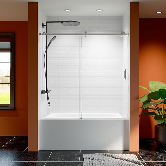 56-60 Inch Frameless Sliding Shower Door, 5/16" Clear Tempered Glass Bathtub - Image 9