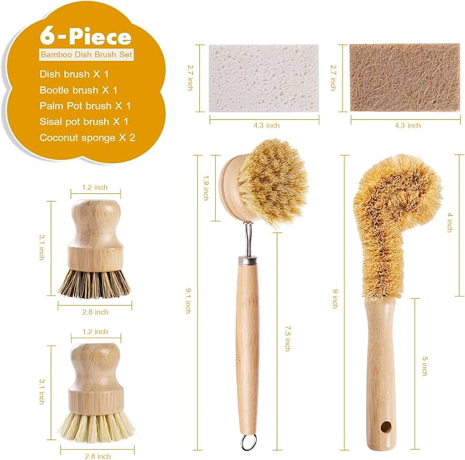 6 Piece Bamboo Dish Brush Set - Image 2