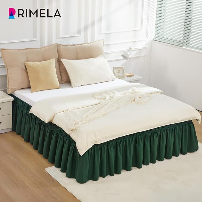 RIMELA Dark Green Bed Skirt Queen Size 15 Inch Drop, Elastic Bed Skirting for Bed Base and Frame, Bedding Dust Ruffle Easy to Install,Wrap Around Adjustable Bedskirt,Christmas Bedroom Decor