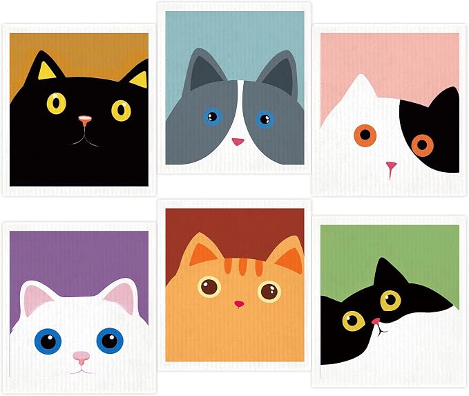Morigins Cute Cat Swedish Dish Clothes Pack of 6, Absorbent Hand Towels by Morigins