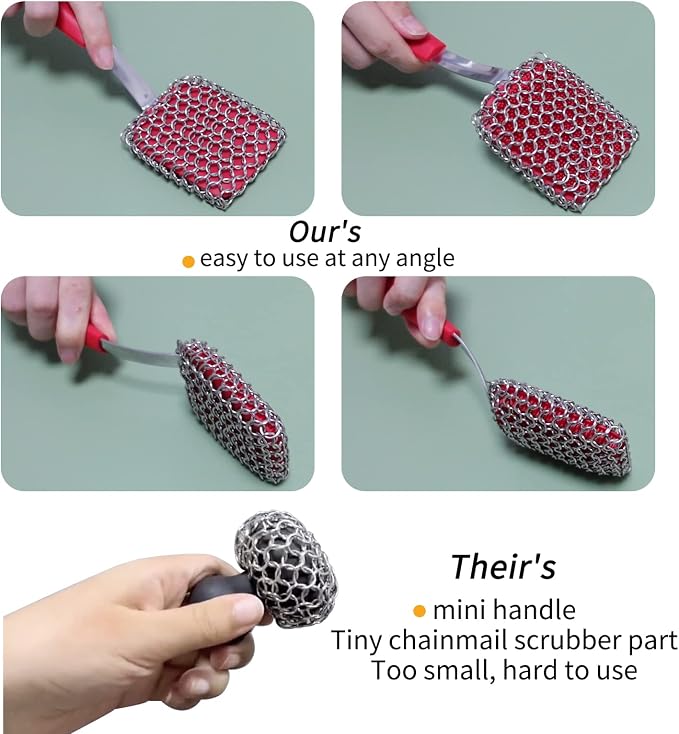 5 Pcs Cast Iron Cleaning Kit Pan Pot Wok Scraper Tool Skillet Sponge Metal - Image 3