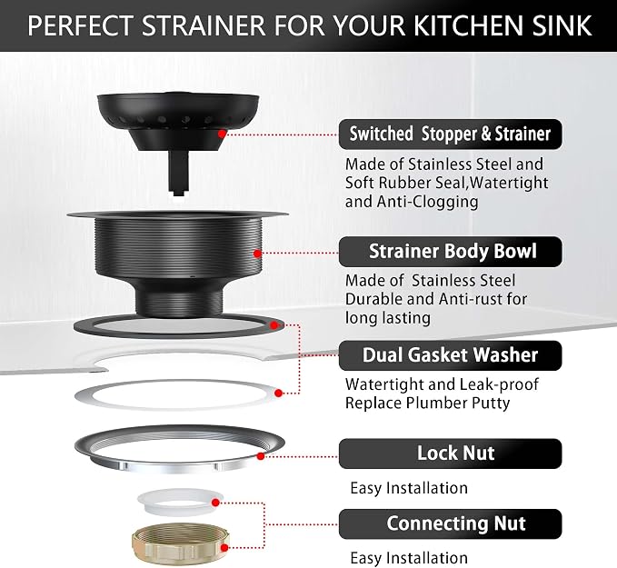 Black Sink Drain 3-1/2 Inch Matte Black Kitchen Sink Drain Strainer Assembly Kit - Image 7
