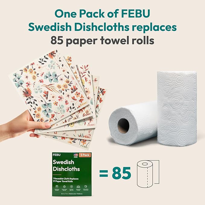 FEBU Swedish Dishcloths for Kitchen | 5 Pack Floral Reusable Paper Towels - Image 3