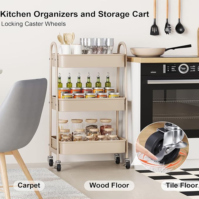Beige 3 Tier Rolling Cart Metal on Wheels, Three Tiered Storage Organizer - Image 6