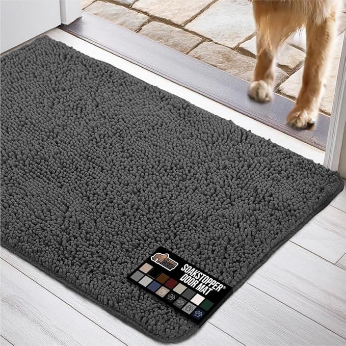 GORILLA GRIP SOAKSTOPPER Dog Door Mat, 60x36 Machine Washable Rug Absorbent Doormat Captures Moisture Mud Dirt, Quick Dry Soft Chenille Entryway Rugs Indoor Entrance Mats for Dog Paws, Charcoal