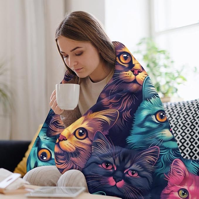 Funny Colorful Cat Print Blanket Kawaii Kitty Animal Throw Blankets Gifts for Couch Sofa Bed Stuff Decor Soft Cozy Fleece Plush Warm Flannel Bedding for Lover Men Women 40"x50"