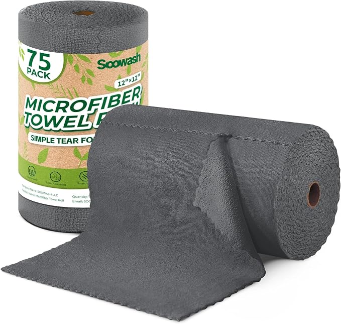 Microfiber Cleaning Cloths Roll, 75 Pack Tear Away Microfiber Towels Roll by SOOWASH