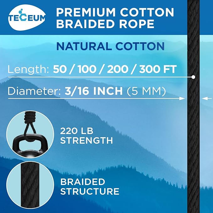 TECEUM Cotton Rope 3/16” – 100 FT – Strong All-Purpose Braided Rope – Natural - Image 2