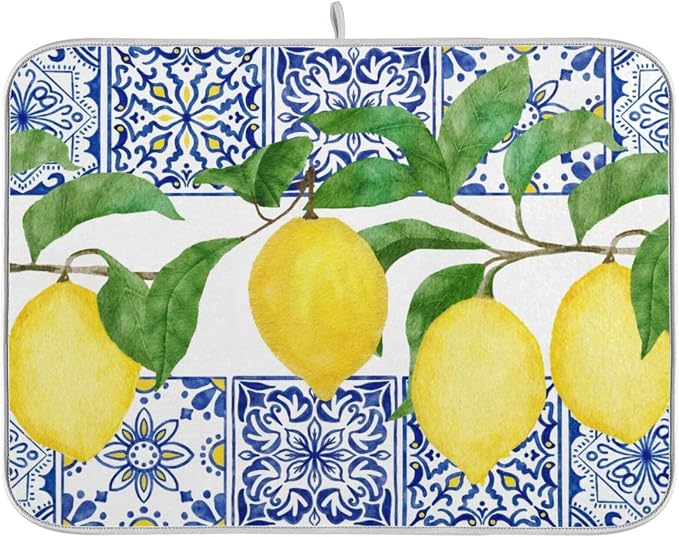 Lemon Blue Tiles Dish Drying Mat by BOENLE-WELCOMEYOURCOMING