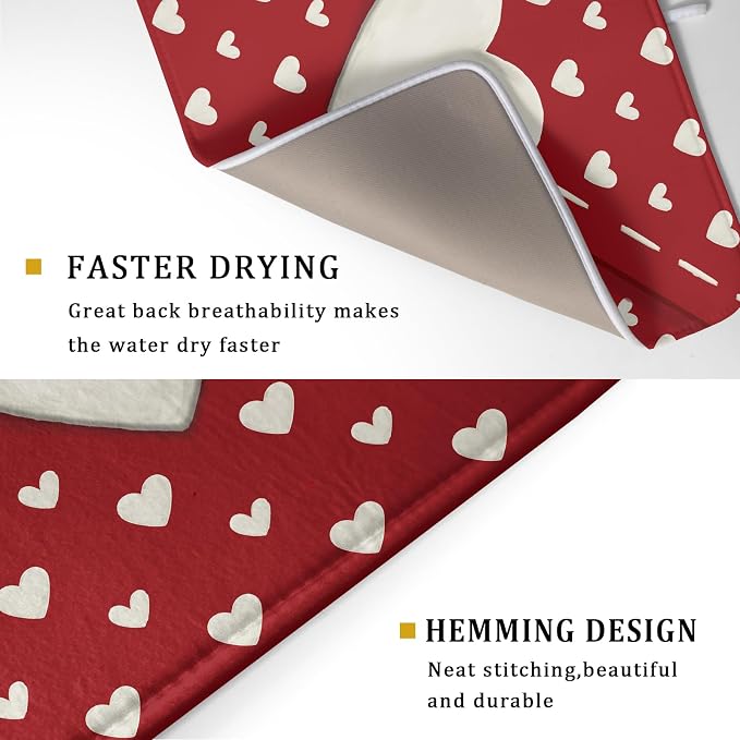 Valentines Day Dish Drying Mat for Kitchen Counter 18x24 Cream Red Love Heart - Image 3