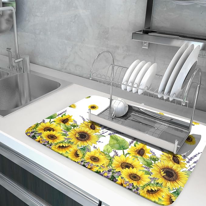 Sunflower Dish Drying Mat for Kitchen Counter 24x18 Inch Floral Lavender Drying - Image 2