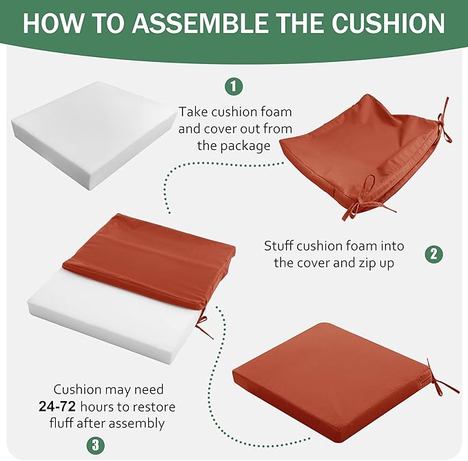 Outdoor Chair Cushions Set of 2: Waterproof & Fade Resistant Deep Seat Cushion for Patio Furniture - 24 x 24 x 3 Inch Chair Pads with Ties and Hidden Zipper - Patio Chair Cushion Replacement, Rust