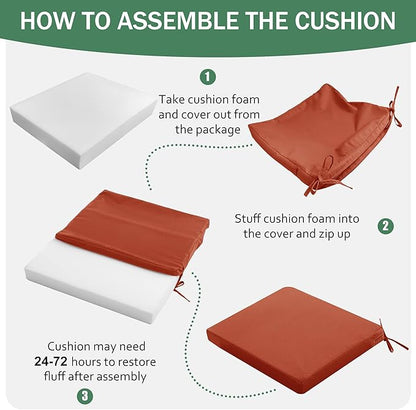 Outdoor Chair Cushions Set of 2: Waterproof & Fade Resistant Deep Seat Cushion for Patio Furniture - 24 x 24 x 3 Inch Chair Pads with Ties and Hidden Zipper - Patio Chair Cushion Replacement, Rust