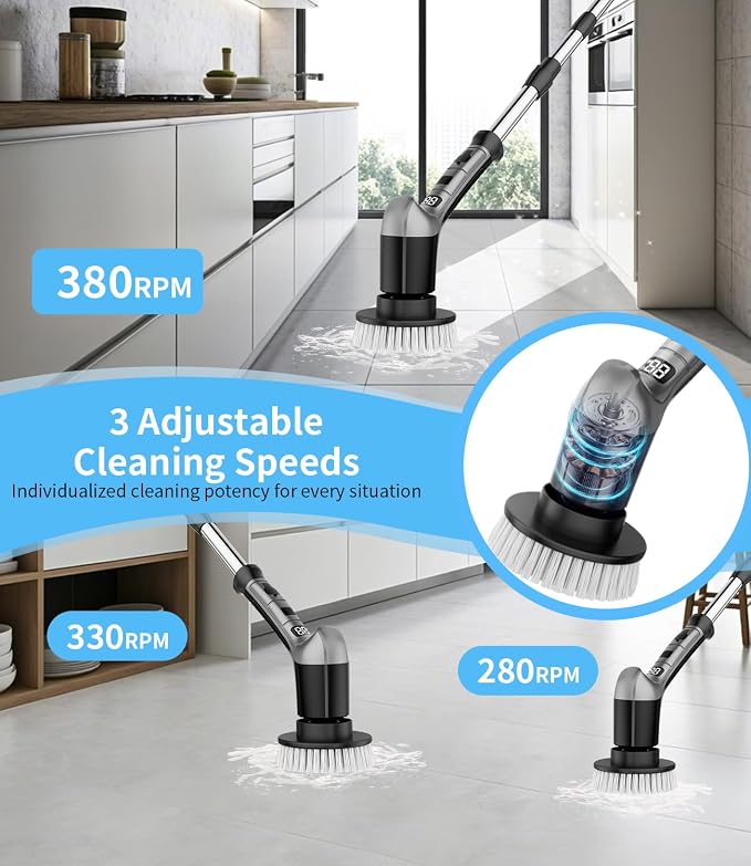 Electric Spin Scrubber with 3 Speed, Adjustable Extension Handle, 8 Brush Heads - Image 3