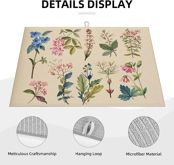 Vintage Plants Herbs Floral Dish Drying Mat Highly Absorbent Double-Sided - Image 5