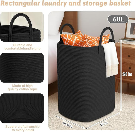 Laundry Basket, Woven Cotton Rope Laundry Hamper, 60L Versatile Storage - Image 2