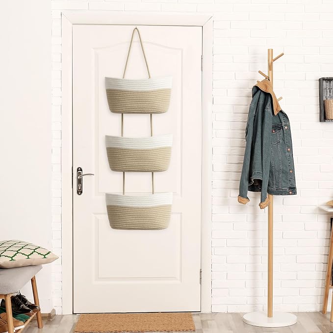TeoKJ Over the Door Hanging Basket, 3-Tier Woven Cotton Wall-Mounted Storage - Image 5